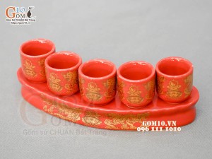 Kỷ cong 5 chén họa tiết Rồng Phúc - Lộc - Thọ vàng kim men đỏ