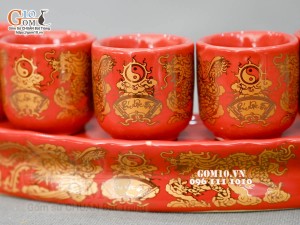 Kỷ cong 5 chén họa tiết Rồng Phúc - Lộc - Thọ vàng kim men đỏ