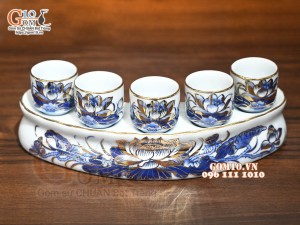Kỷ cong 5 chén men lam cổ Sen Cát Tường, vẽ vàng 24k