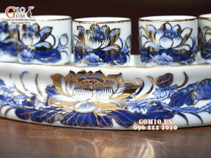 Kỷ cong 5 chén men lam cổ Sen Cát Tường, vẽ vàng 24k