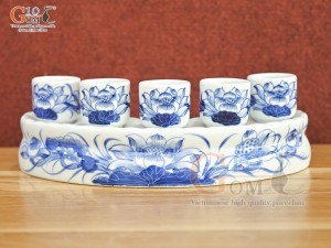 Kỷ cong 5 chén men lam cổ vẽ Sen Tài Lộc