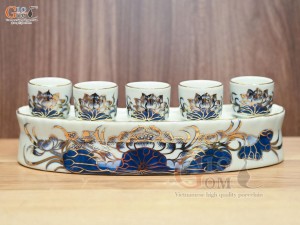 Kỷ cong 5 chén men lam vẽ Sen Đại Cát, vẽ vàng 24k