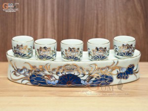 Kỷ cong 5 chén men lam vẽ Sen Đại Cát, vẽ vàng 24k