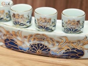 Kỷ cong 5 chén men lam vẽ Sen Đại Cát, vẽ vàng 24k