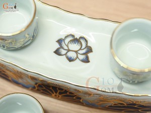 Kỷ cong 5 chén men lam vẽ Sen Đại Cát, vẽ vàng 24k
