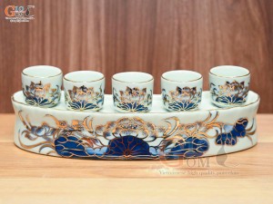 Kỷ cong 5 chén men lam vẽ Sen Đại Cát, vẽ vàng 24k
