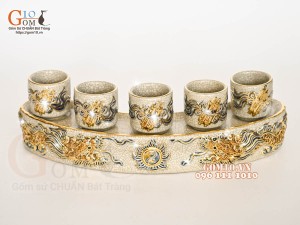 Kỷ cong 5 chén men rạn đắp nổi Rồng Như Ý, vẽ vàng 24k