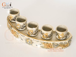 Kỷ cong 5 chén men rạn đắp nổi Rồng Như Ý, vẽ vàng 24k
