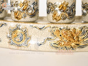 Kỷ cong 5 chén men rạn đắp nổi Rồng Như Ý, vẽ vàng 24k