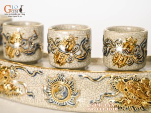 Kỷ cong 5 chén men rạn đắp nổi Rồng Như Ý, vẽ vàng 24k