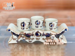 Kỷ ngai 3 chén men lam cổ họa tiết Rồng vẽ vàng 24k