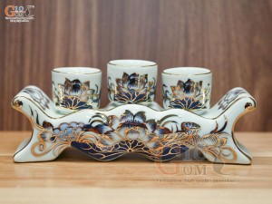 Kỷ ngai 3 chén men lam vẽ Sen Đại Cát, vẽ vàng 24k