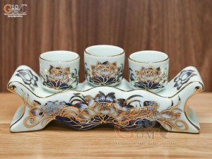 Kỷ ngai 3 chén men lam vẽ Sen Đại Cát, vẽ vàng 24k
