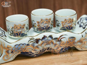 Kỷ ngai 3 chén men lam vẽ Sen Đại Cát, vẽ vàng 24k