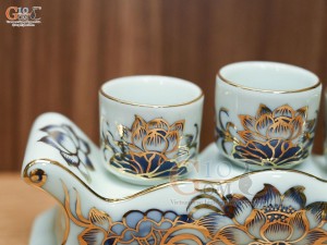 Kỷ ngai 3 chén men lam vẽ Sen Đại Cát, vẽ vàng 24k