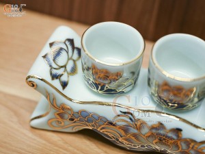 Kỷ ngai 3 chén men lam vẽ Sen Đại Cát, vẽ vàng 24k