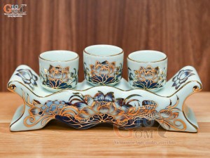 Kỷ ngai 3 chén men lam vẽ Sen Đại Cát, vẽ vàng 24k