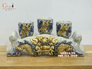 Kỷ ngai 3 chén men rạn cổ đắp nổi rồng cao cấp