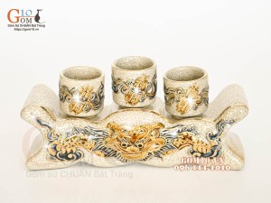 Kỷ ngai 3 chén men rạn đắp nổi Rồng Như Ý, vẽ vàng 24k