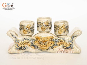 Kỷ ngai 3 chén men rạn đắp nổi Rồng Như Ý, vẽ vàng 24k