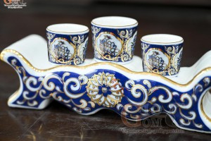 Kỷ ngai 3 chén men trắng họa tiết Tứ Cảnh Tài Lộc vẽ vàng 24k