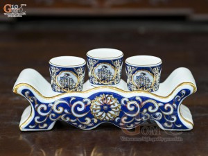 Kỷ ngai 3 chén men trắng họa tiết Tứ Cảnh Tài Lộc vẽ vàng 24k