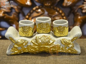 Kỷ ngai 3 men rạn đắp nổi hoa Sen Cát Tường dát vàng 24k