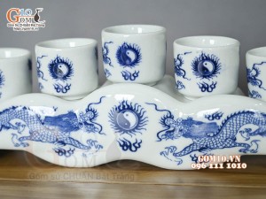 Kỷ ngai 5 chén Long Trấn men lam vẽ Rồng