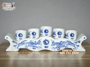 Kỷ ngai 5 chén Long Trấn men lam vẽ Rồng