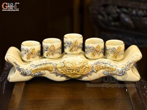 Kỷ ngai 5 chén men hoàng tộc đắp nổi Rồng Như Ý, vẽ vàng 24k