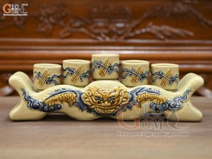 Kỷ ngai 5 chén men hoàng tộc đắp nổi Rồng Như Ý