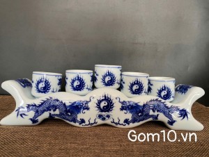 Kỷ ngai 5 chén men lam cổ họa tiết Rồng như ý