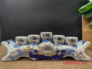 Kỷ ngai 5 chén men lam cổ vẽ Sen Cát Tường