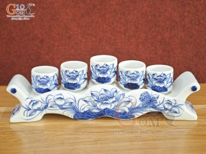 Kỷ ngai 5 chén men lam cổ vẽ Sen Tài Lộc