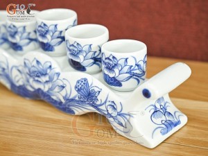 Kỷ ngai 5 chén men lam cổ vẽ Sen Tài Lộc