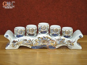 Kỷ ngai 5 chén men lam cổ vẽ Sen Tài Lộc, vẽ vàng 24k