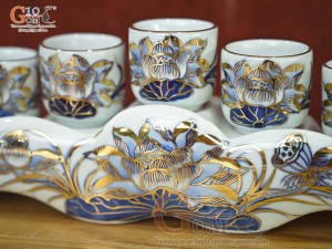 Kỷ ngai 5 chén men lam cổ vẽ Sen Tài Lộc, vẽ vàng 24k