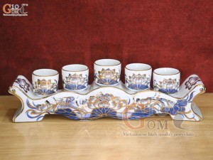 Kỷ ngai 5 chén men lam cổ vẽ Sen Tài Lộc, vẽ vàng 24k