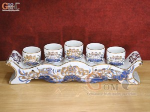 Kỷ ngai 5 chén men lam cổ vẽ Sen Tài Lộc, vẽ vàng 24k