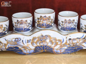 Kỷ ngai 5 chén men lam cổ vẽ Sen Tài Lộc, vẽ vàng 24k