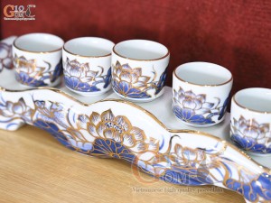 Kỷ ngai 5 chén men lam cổ vẽ Sen Tài Lộc, vẽ vàng 24k