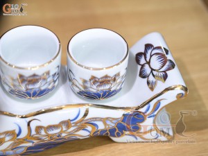 Kỷ ngai 5 chén men lam cổ vẽ Sen Tài Lộc, vẽ vàng 24k