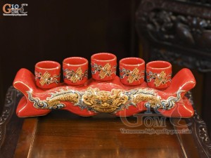 Kỷ ngai 5 chén men màu đắp nổi Rồng Như Ý nền đỏ, vẽ vàng 24k