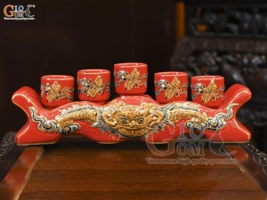 Kỷ ngai 5 chén men màu đắp nổi Rồng Như Ý nền đỏ, vẽ vàng 24k