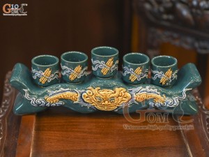 Kỷ ngai 5 chén men màu đắp nổi Rồng Như Ý nền xanh lục bảo