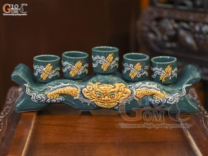 Kỷ ngai 5 chén men màu đắp nổi Rồng Như Ý nền xanh lục bảo