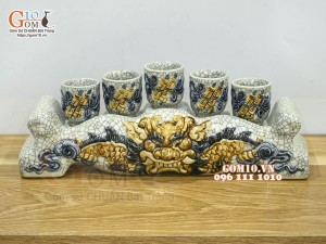 Kỷ ngai 5 chén men rạn cổ đắp nổi rồng cao cấp