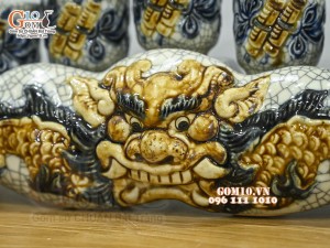 Kỷ ngai 5 chén men rạn cổ đắp nổi rồng cao cấp