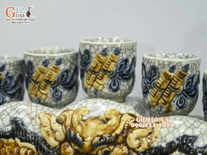 Kỷ ngai 5 chén men rạn cổ đắp nổi rồng cao cấp
