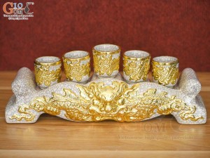 Kỷ ngai 5 chén men rạn đắp nổi Rồng dát vàng 24k